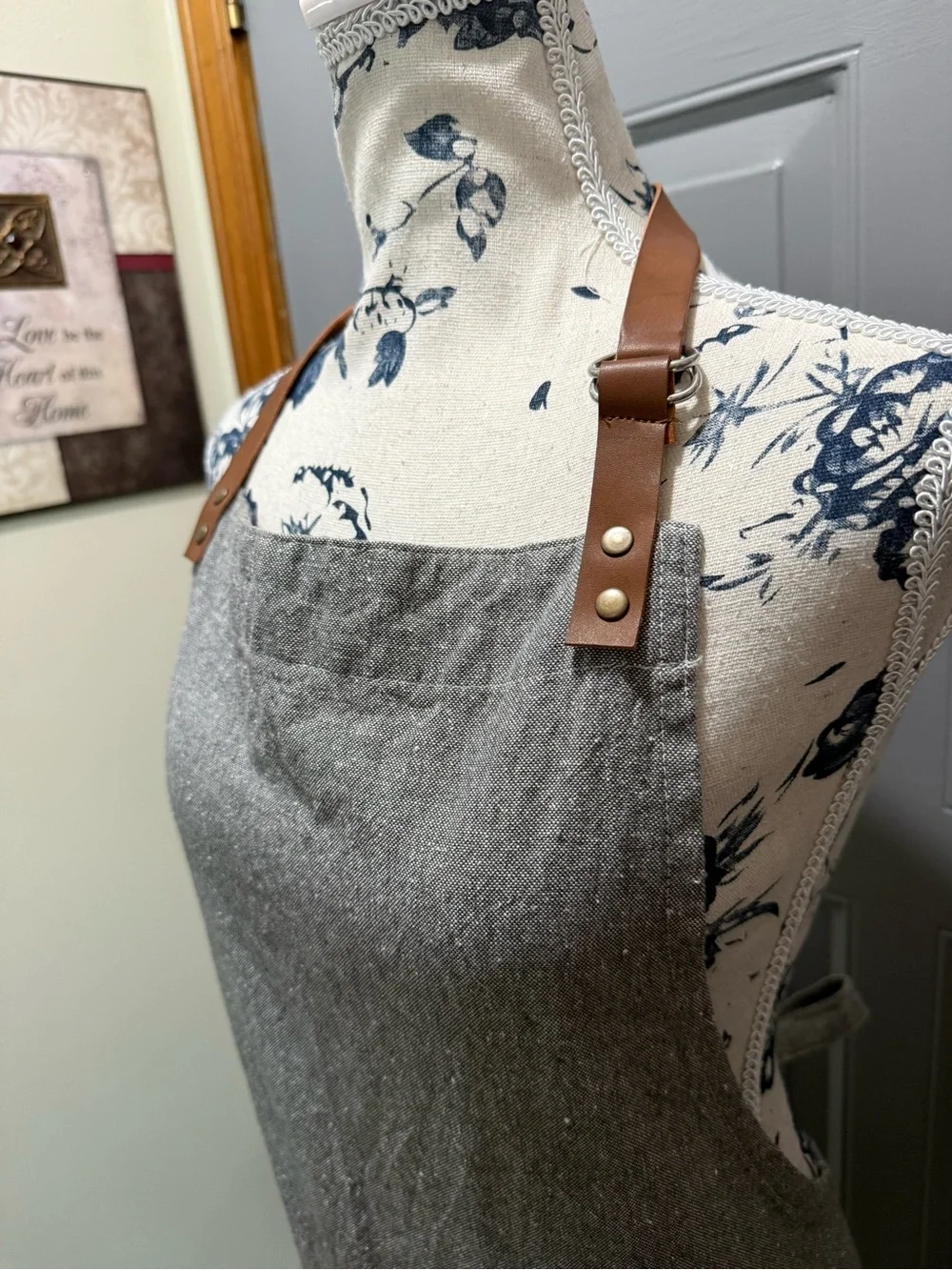 Gray Linen-Blend Apron with faux Leather Neck Straps- Working Kitchen